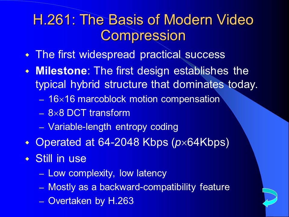 H.261: The Basis of Modern Video Compression  The first widespread practical success  Milestone: The first design establishes the typical hybrid structure that dominates today.