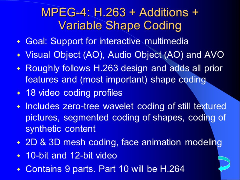 MPEG-4: H Additions + Variable Shape Coding  Goal: Support for interactive multimedia  Visual Object (AO), Audio Object (AO) and AVO  Roughly follows H.263 design and adds all prior features and (most important) shape coding  18 video coding profiles  Includes zero-tree wavelet coding of still textured pictures, segmented coding of shapes, coding of synthetic content  2D & 3D mesh coding, face animation modeling  10-bit and 12-bit video  Contains 9 parts.