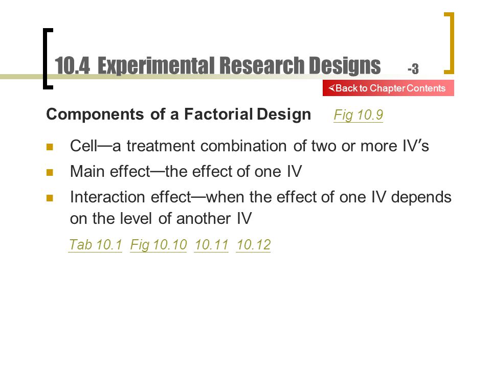 10.4 Experimental Research Designs -3 Components of a Factorial Design Fig 10.9 Fig 10.9 Cell — a treatment combination of two or more IV ’ s Main effect — the effect of one IV Interaction effect — when the effect of one IV depends on the level of another IV Tab 10.1 Fig Tab 10.1Fig  Back to Chapter Contents