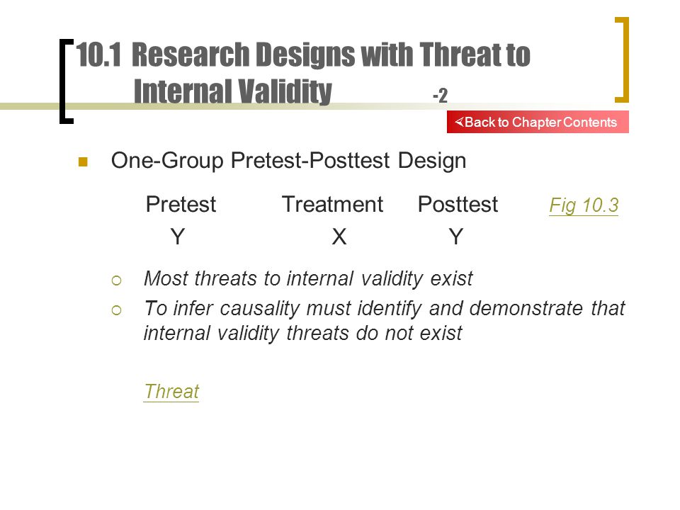 10.1 Research Designs with Threat to Internal Validity -2 One-Group Pretest-Posttest Design PretestTreatmentPosttest Fig 10.3 Fig 10.3 Y X Y  Most threats to internal validity exist  To infer causality must identify and demonstrate that internal validity threats do not exist Threat  Back to Chapter Contents