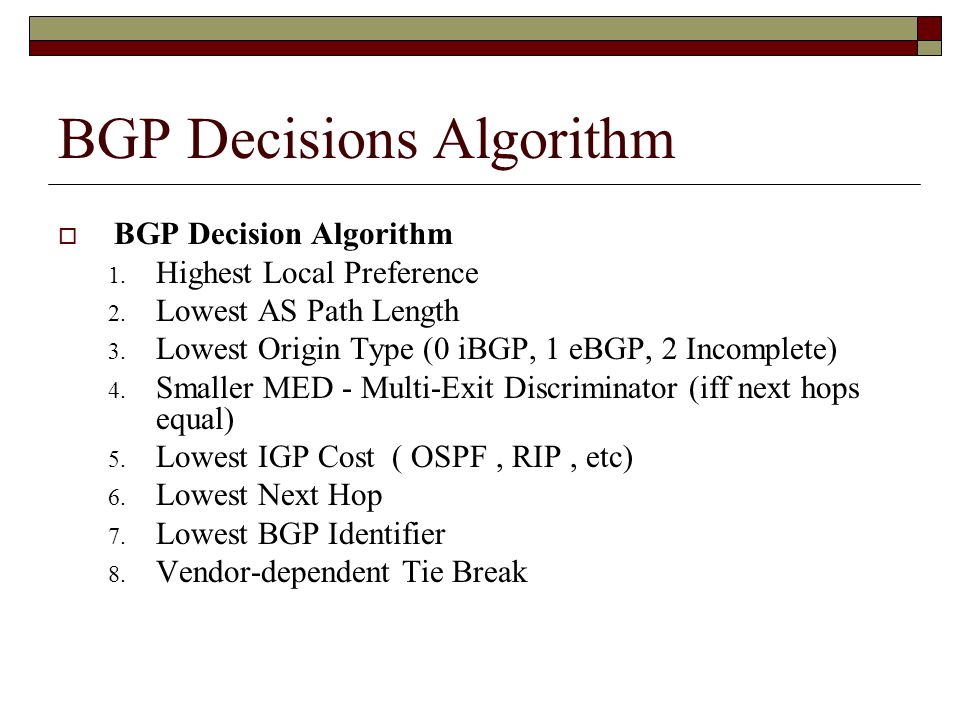BGP Decisions Algorithm  BGP Decision Algorithm 1.