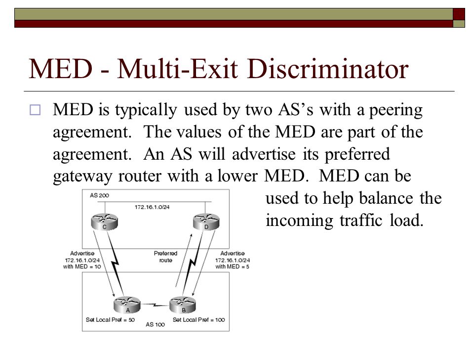MED - Multi-Exit Discriminator  MED is typically used by two AS’s with a peering agreement.