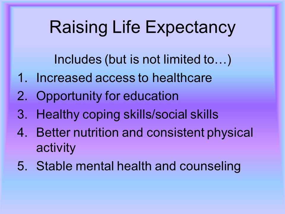 Raising Life Expectancy Includes (but is not limited to…) 1.Increased access to healthcare 2.Opportunity for education 3.Healthy coping skills/social skills 4.Better nutrition and consistent physical activity 5.Stable mental health and counseling