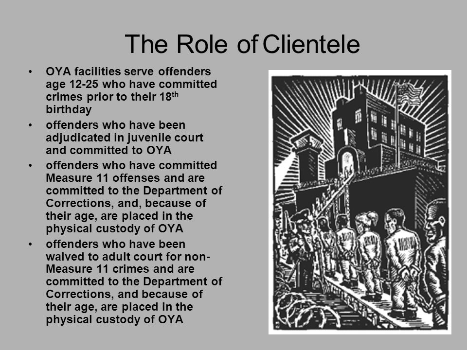 The Role of Clientele OYA facilities serve offenders age who have committed crimes prior to their 18 th birthday offenders who have been adjudicated in juvenile court and committed to OYA offenders who have committed Measure 11 offenses and are committed to the Department of Corrections, and, because of their age, are placed in the physical custody of OYA offenders who have been waived to adult court for non- Measure 11 crimes and are committed to the Department of Corrections, and because of their age, are placed in the physical custody of OYA
