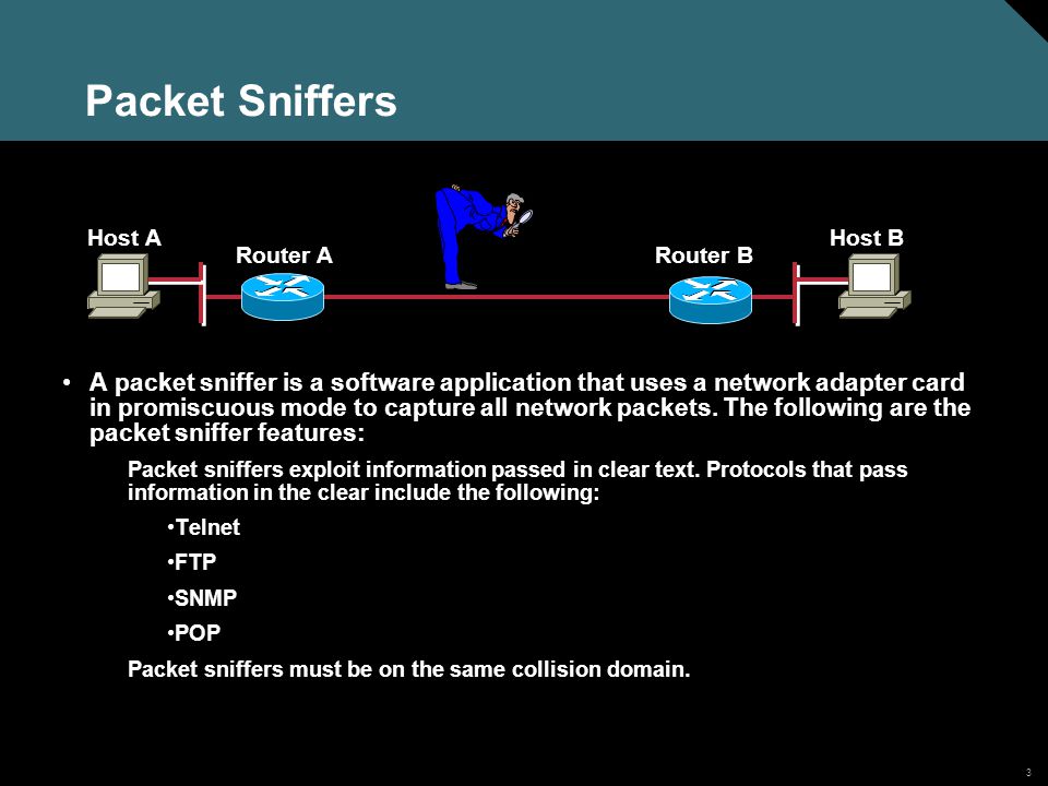 3 Packet Sniffers A packet sniffer is a software application that uses a network adapter card in promiscuous mode to capture all network packets.