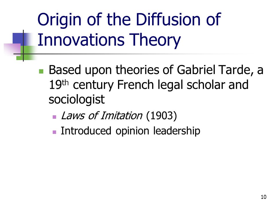 10 Origin of the Diffusion of Innovations Theory Based upon theories of Gabriel Tarde, a 19 th century French legal scholar and sociologist Laws of Imitation (1903) Introduced opinion leadership