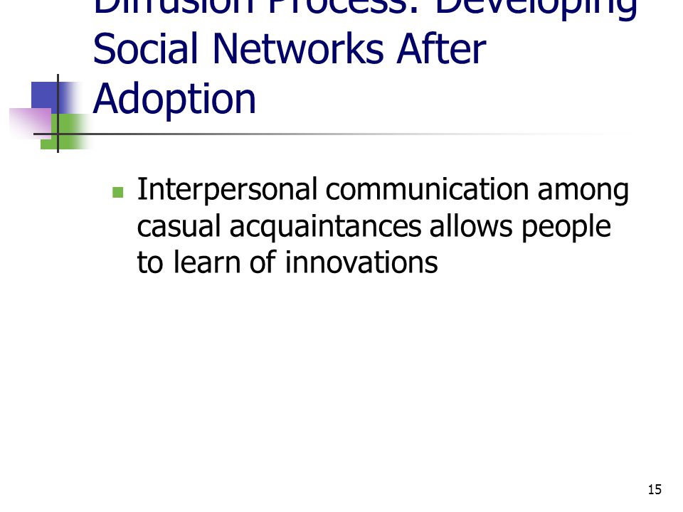 15 Diffusion Process: Developing Social Networks After Adoption Interpersonal communication among casual acquaintances allows people to learn of innovations