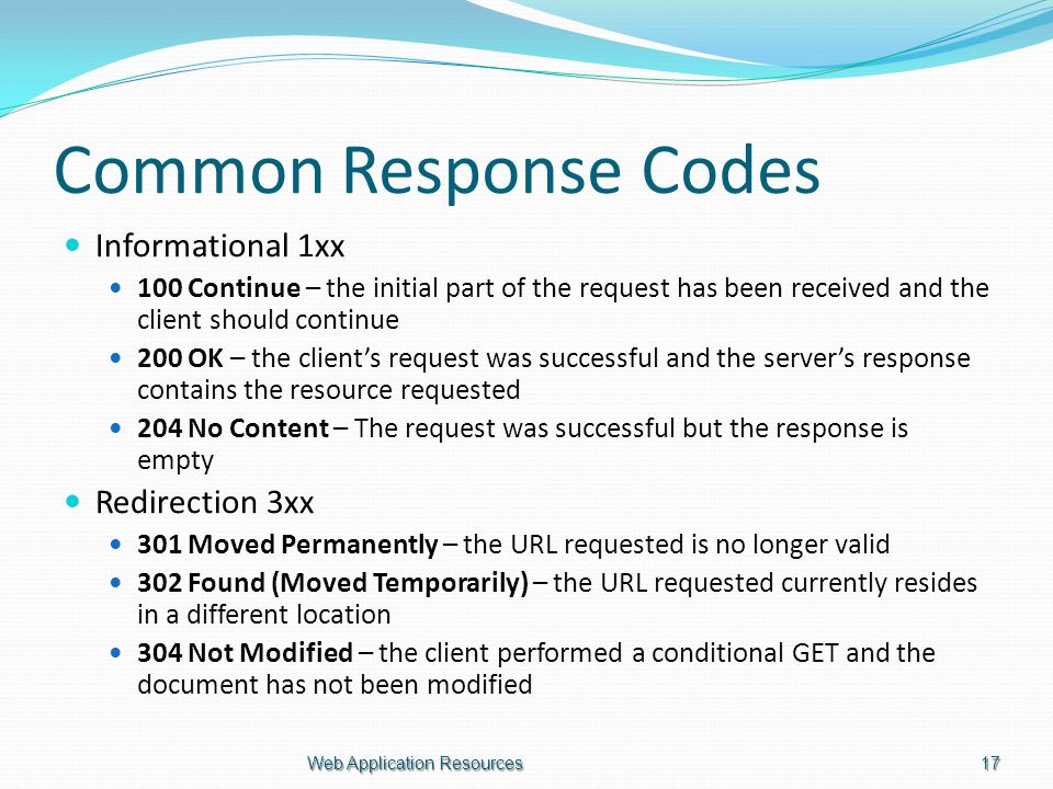 Common Response Codes Informational 1xx 100 Continue – the initial part of the request has been received and the client should continue 200 OK – the client’s request was successful and the server’s response contains the resource requested 204 No Content – The request was successful but the response is empty Redirection 3xx 301 Moved Permanently – the URL requested is no longer valid 302 Found (Moved Temporarily) – the URL requested currently resides in a different location 304 Not Modified – the client performed a conditional GET and the document has not been modified Web Application Resources17
