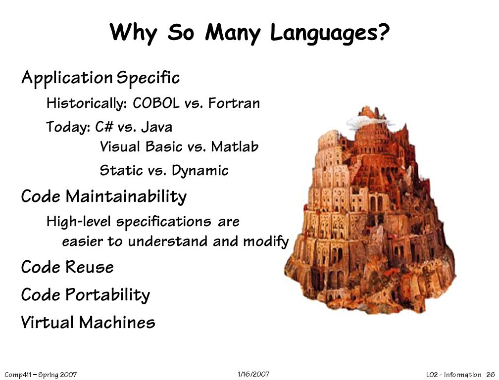 L02 - Information 26 Comp411 – Spring /16/2007 Why So Many Languages.