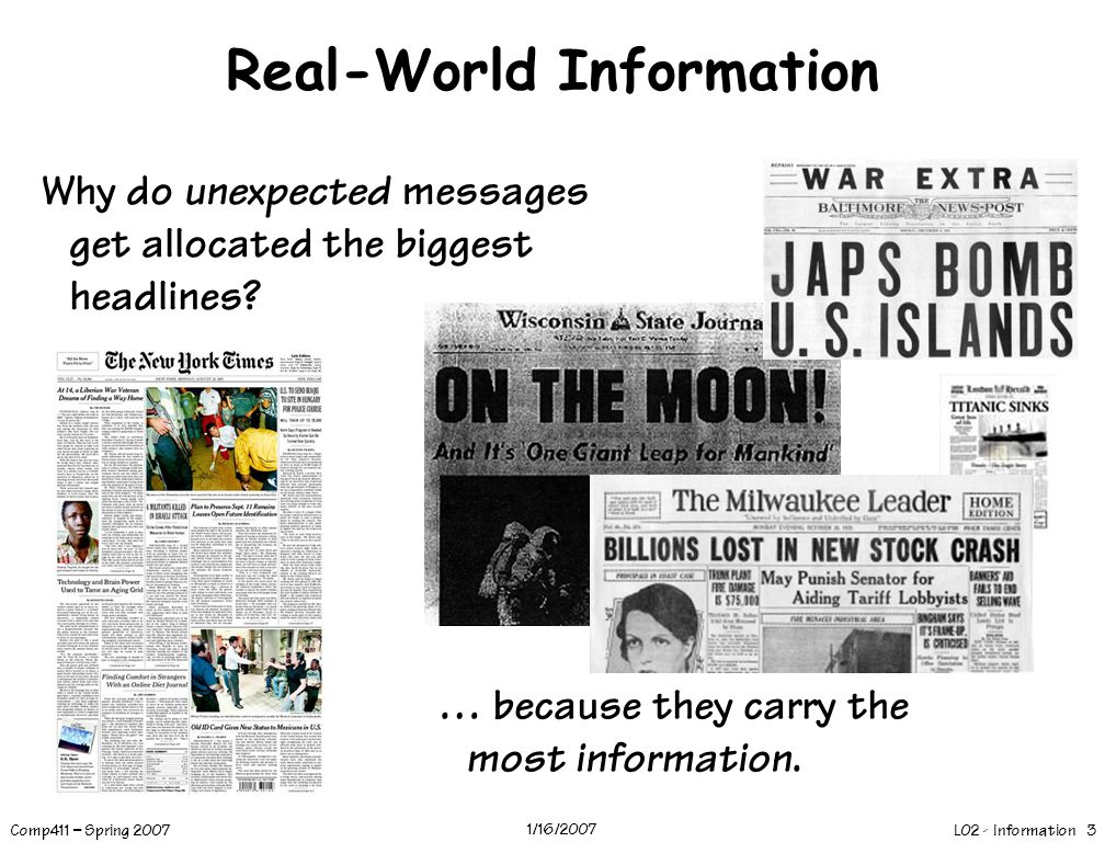 L02 - Information 3 Comp411 – Spring /16/2007 Real-World Information Why do unexpected messages get allocated the biggest headlines.