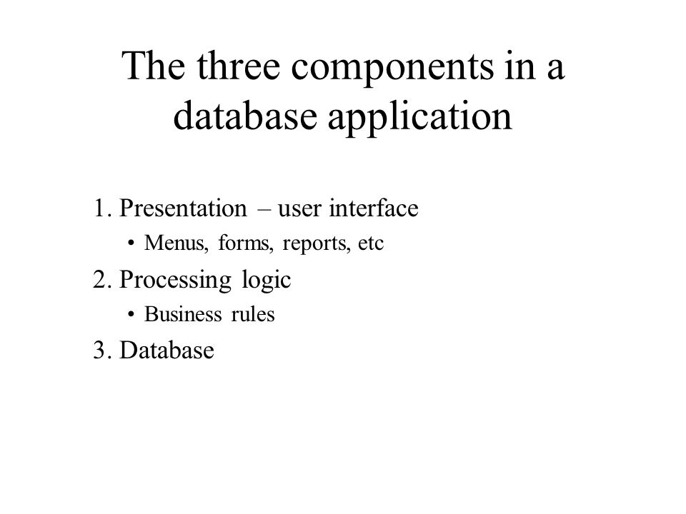 The three components in a database application 1.