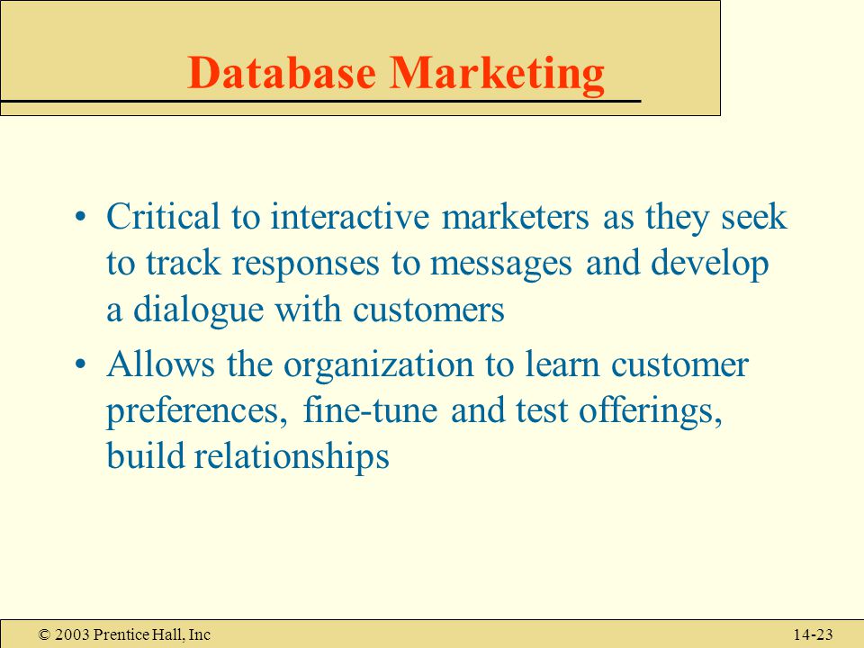 © 2003 Prentice Hall, Inc14-23 Database Marketing Critical to interactive marketers as they seek to track responses to messages and develop a dialogue with customers Allows the organization to learn customer preferences, fine-tune and test offerings, build relationships