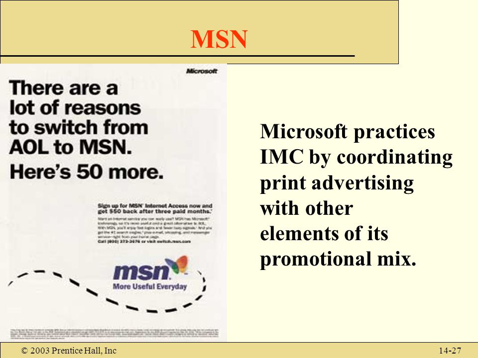 © 2003 Prentice Hall, Inc14-27 MSN Microsoft practices IMC by coordinating print advertising with other elements of its promotional mix.