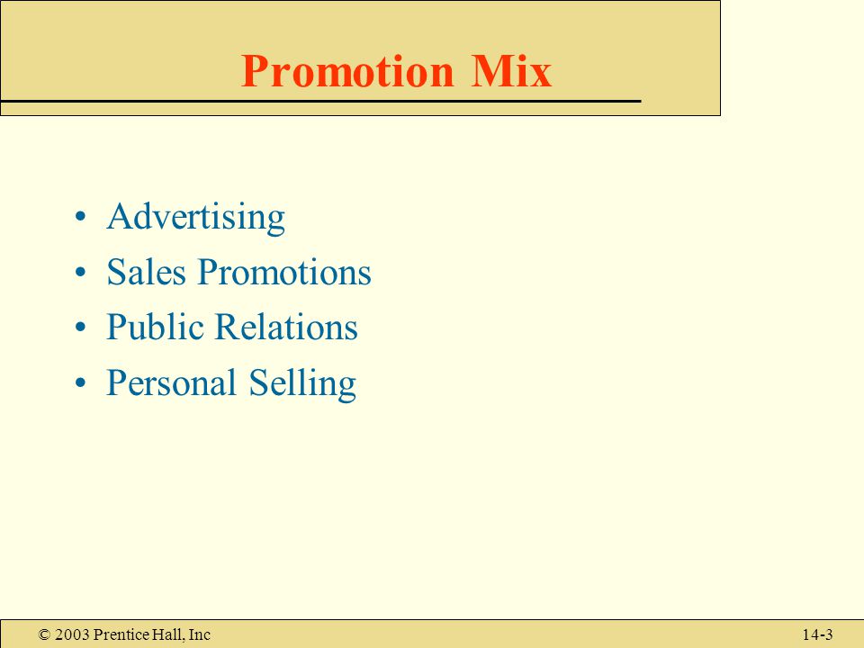 © 2003 Prentice Hall, Inc14-3 Promotion Mix Advertising Sales Promotions Public Relations Personal Selling