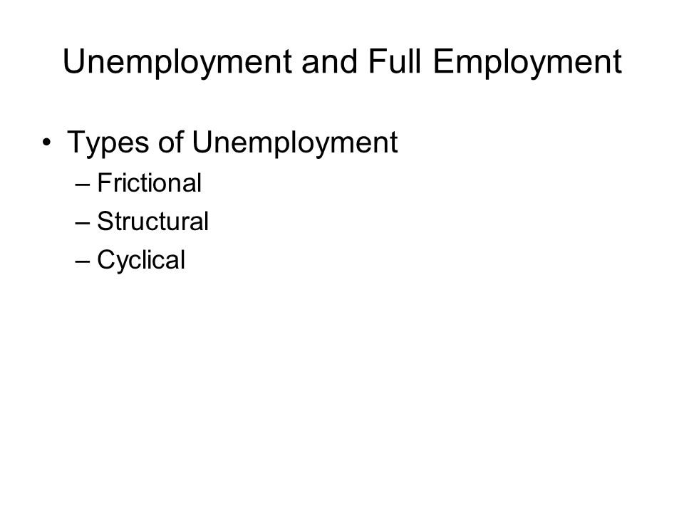 Unemployment and Full Employment Types of Unemployment –Frictional –Structural –Cyclical