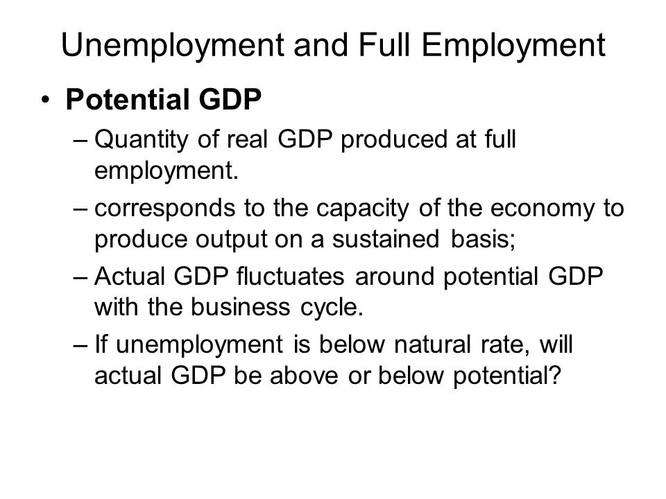 Unemployment and Full Employment Potential GDP –Quantity of real GDP produced at full employment.