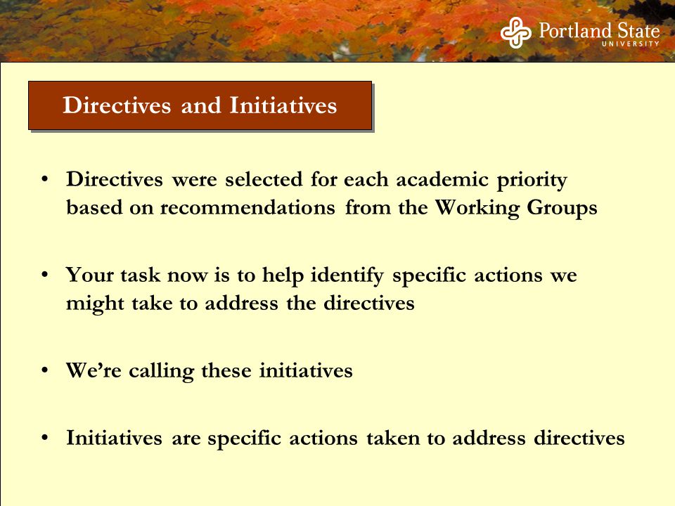 Directives were selected for each academic priority based on recommendations from the Working Groups Your task now is to help identify specific actions we might take to address the directives We’re calling these initiatives Initiatives are specific actions taken to address directives Directives and Initiatives