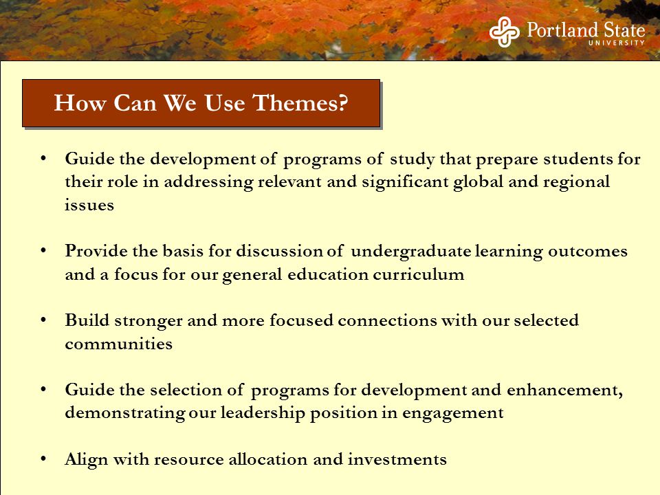 Guide the development of programs of study that prepare students for their role in addressing relevant and significant global and regional issues Provide the basis for discussion of undergraduate learning outcomes and a focus for our general education curriculum Build stronger and more focused connections with our selected communities Guide the selection of programs for development and enhancement, demonstrating our leadership position in engagement Align with resource allocation and investments How Can We Use Themes