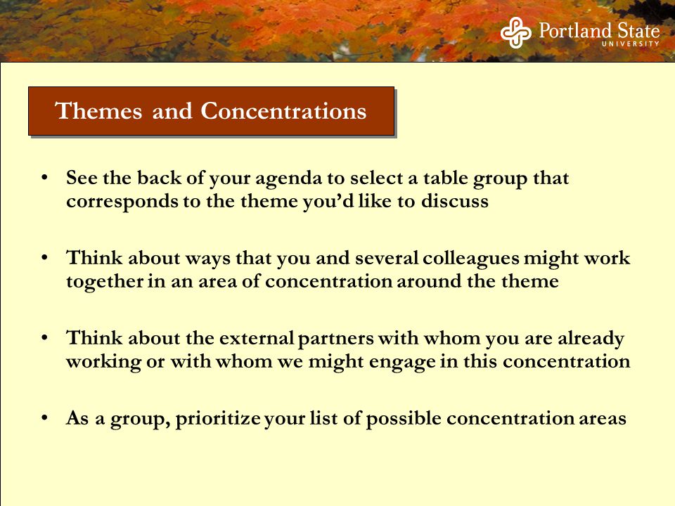 See the back of your agenda to select a table group that corresponds to the theme you’d like to discuss Think about ways that you and several colleagues might work together in an area of concentration around the theme Think about the external partners with whom you are already working or with whom we might engage in this concentration As a group, prioritize your list of possible concentration areas Themes and Concentrations