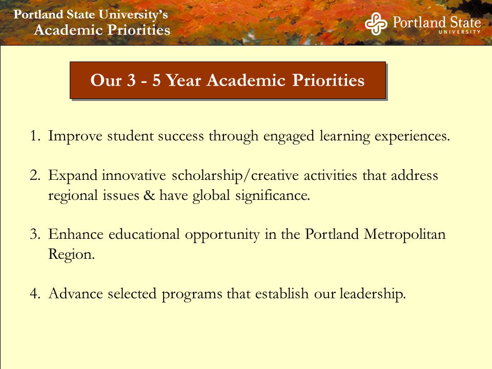 Portland State University’s 1.Improve student success through engaged learning experiences.