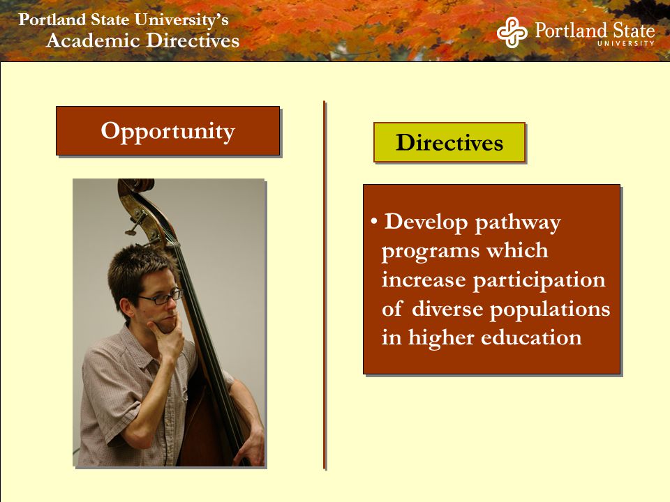 Portland State University’s Academic Directives Opportunity Develop pathway programs which increase participation of diverse populations in higher education Develop pathway programs which increase participation of diverse populations in higher education Directives