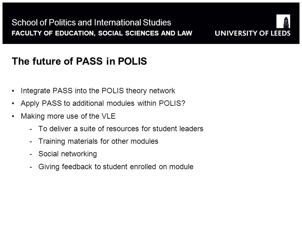 The future of PASS in POLIS Integrate PASS into the POLIS theory network Apply PASS to additional modules within POLIS.