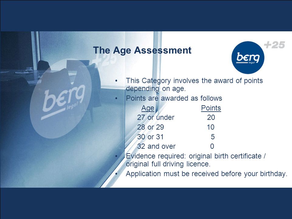 The Age Assessment This Category involves the award of points depending on age.