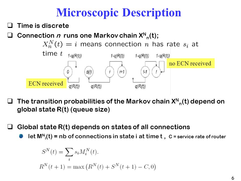 6 Microscopic Description  Time is discrete  Connection n runs one Markov chain X N n (t);  The transition probabilities of the Markov chain X N n (t) depend on global state R(t) (queue size)  Global state R(t) depends on states of all connections let M N i (t) = nb of connections in state i at time t, C = service rate of router ECN received no ECN received