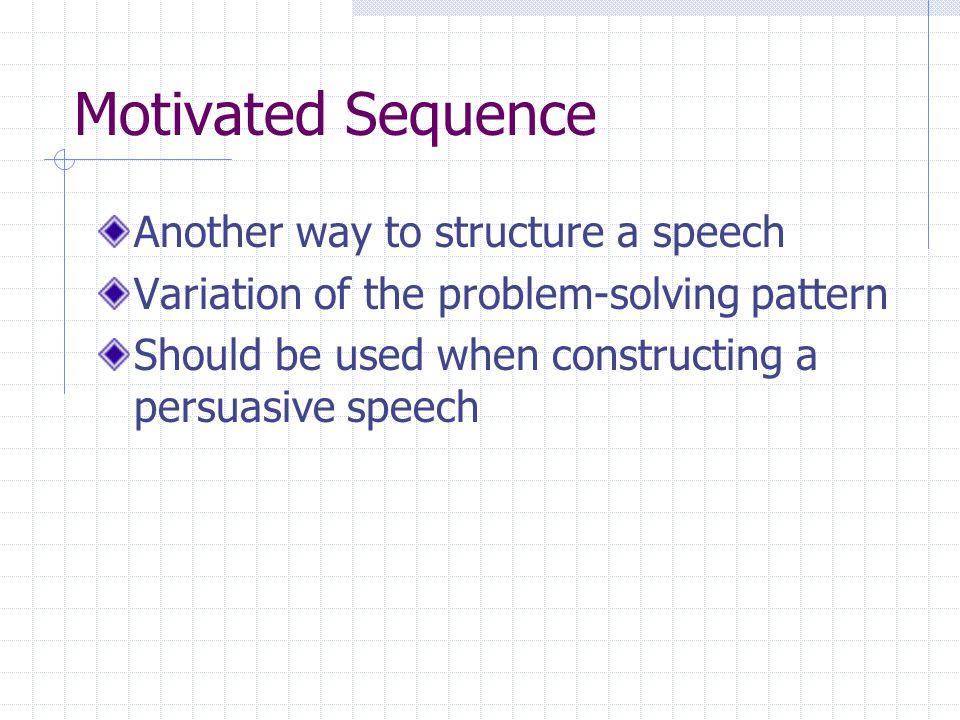 Motivated Sequence Another way to structure a speech Variation of the problem-solving pattern Should be used when constructing a persuasive speech