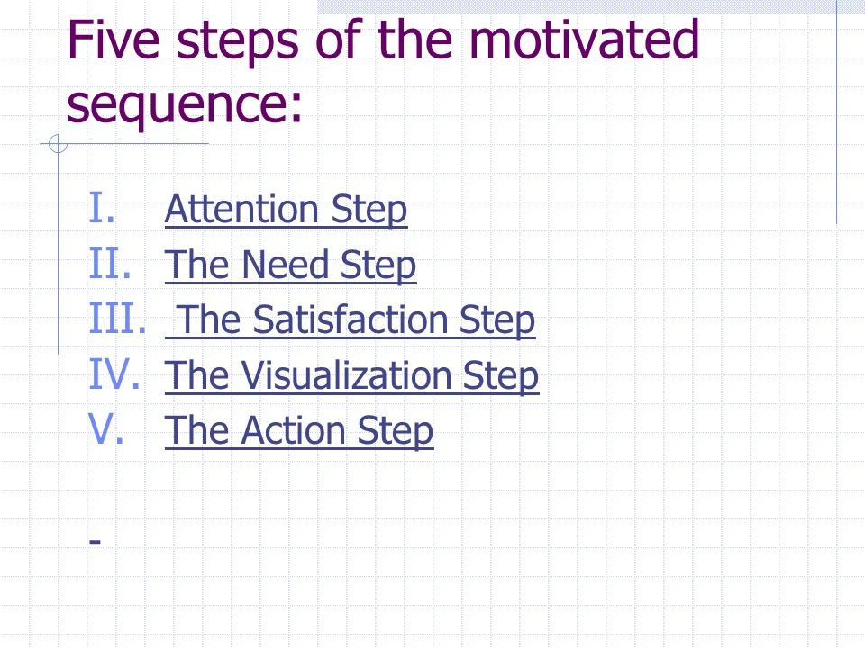 Five steps of the motivated sequence: I. Attention Step II.