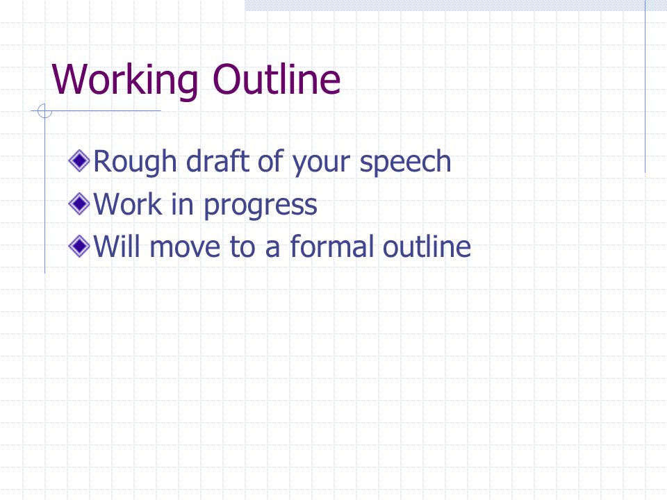 Working Outline Rough draft of your speech Work in progress Will move to a formal outline