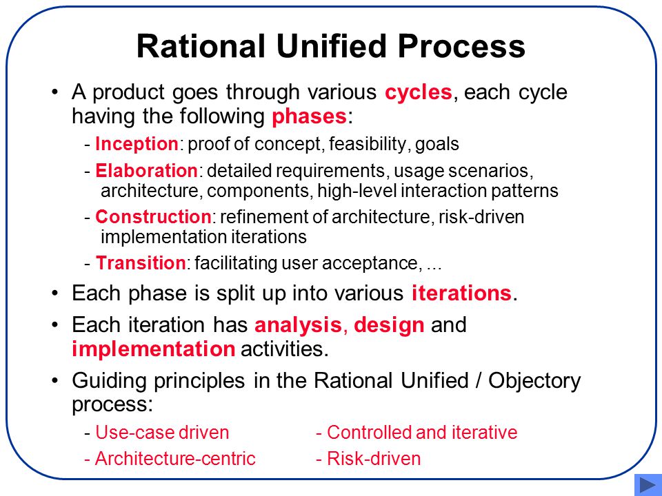 Process of Fusion The Fusion process knows seven main activities: Requirements: use case model (actors, use cases), some high- level use case specifications, non-functional requirements Analysis: system class diagram containing basic classes; system interface with detailed use case specifications, system operations and events, pre- and post-conditions for system operations GUI Design Architecture: technical framework of system, main components of the system, component interfaces and interactions Database Design Design for each component: design class diagrams, object collaboration diagrams, visibility, representation of associations, initial object configuration, detailed class descriptions Implementation: code