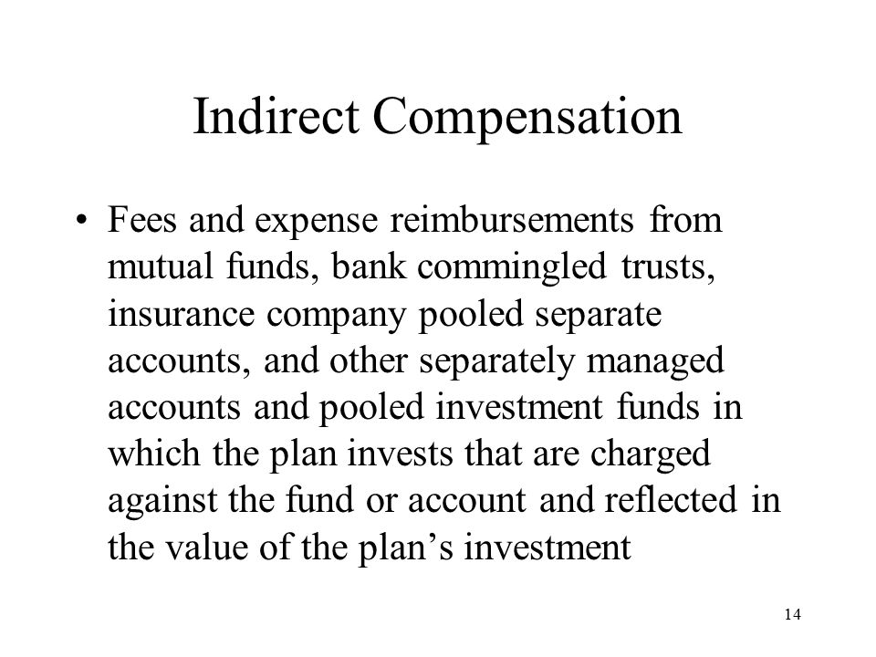 14 Indirect Compensation Fees and expense reimbursements from mutual funds, bank commingled trusts, insurance company pooled separate accounts, and other separately managed accounts and pooled investment funds in which the plan invests that are charged against the fund or account and reflected in the value of the plan’s investment