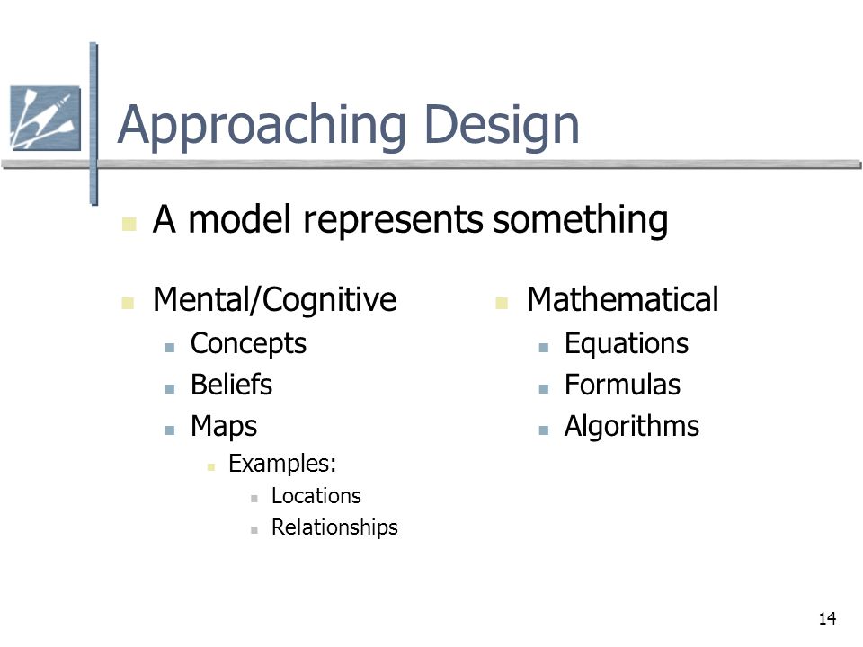 14 Approaching Design Mental/Cognitive Concepts Beliefs Maps Examples: Locations Relationships Mathematical Equations Formulas Algorithms A model represents something