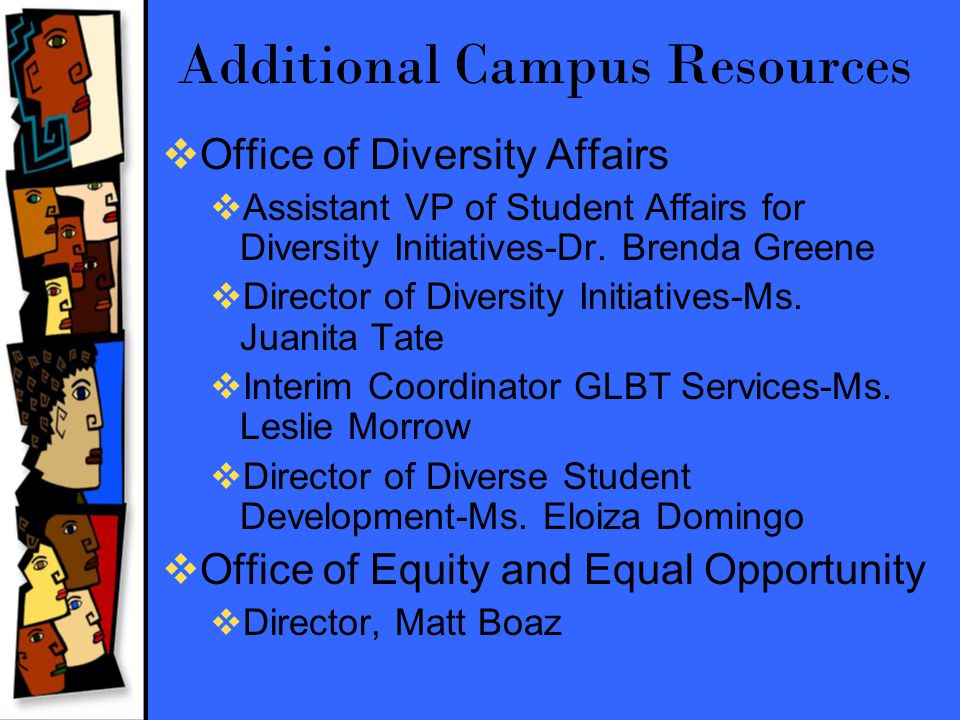 Additional Campus Resources  Office of Diversity Affairs  Assistant VP of Student Affairs for Diversity Initiatives-Dr.