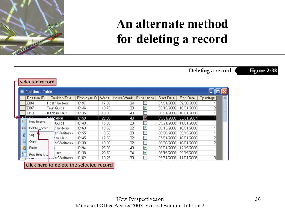XP New Perspectives on Microsoft Office Access 2003, Second Edition- Tutorial 2 30 An alternate method for deleting a record