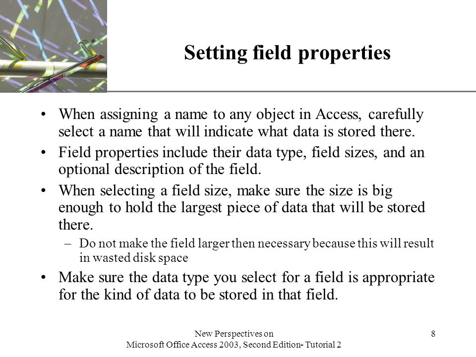 XP New Perspectives on Microsoft Office Access 2003, Second Edition- Tutorial 2 8 Setting field properties When assigning a name to any object in Access, carefully select a name that will indicate what data is stored there.