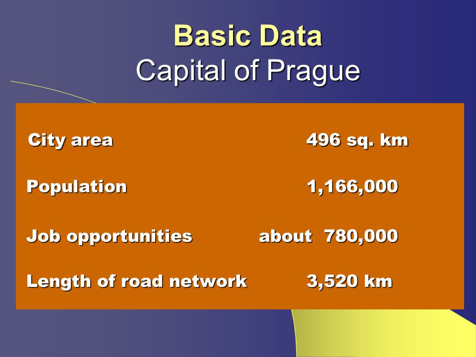 Basic Data Capital of Prague City area496 sq. km City area496 sq.