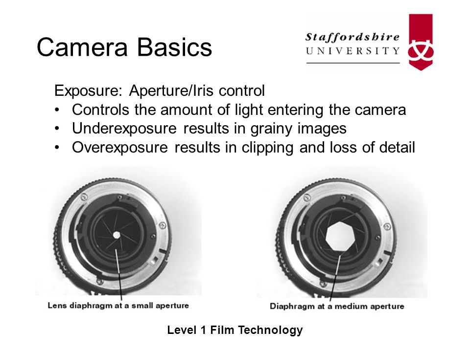 Camera Basics Level 1 Film Technology Exposure: Aperture/Iris control Controls the amount of light entering the camera Underexposure results in grainy images Overexposure results in clipping and loss of detail