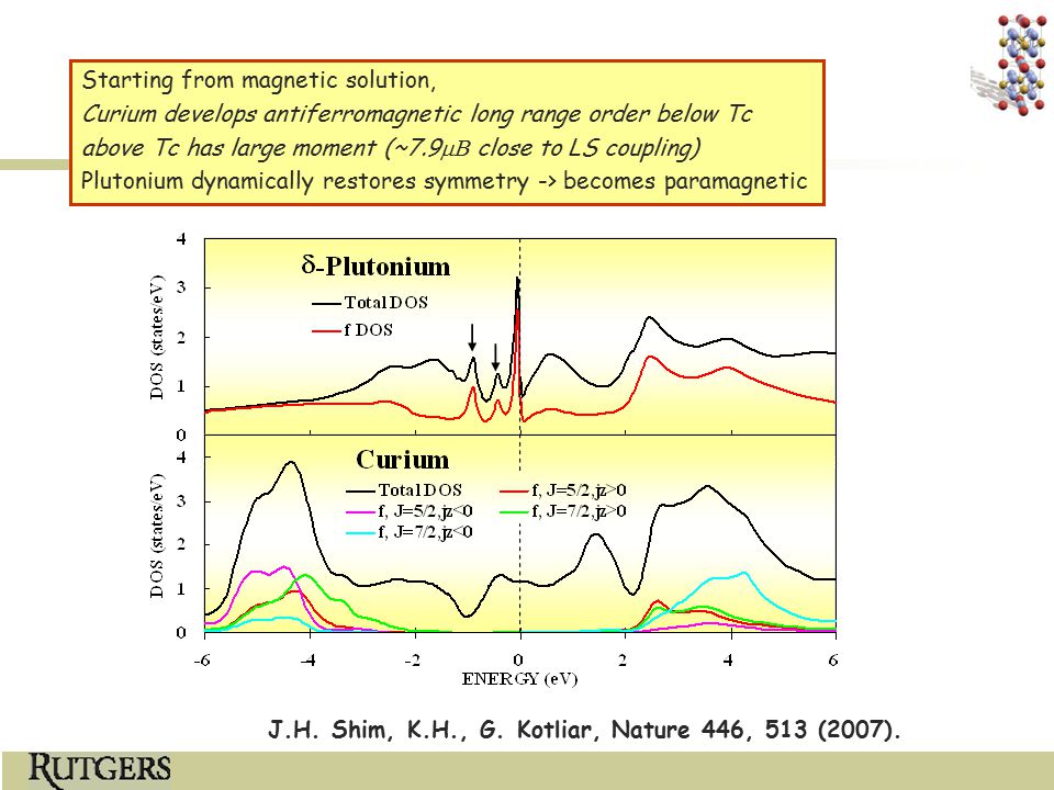 Starting from magnetic solution, Curium develops antiferromagnetic long range order below Tc above Tc has large moment (~7.9  close to LS coupling) Plutonium dynamically restores symmetry -> becomes paramagnetic J.H.
