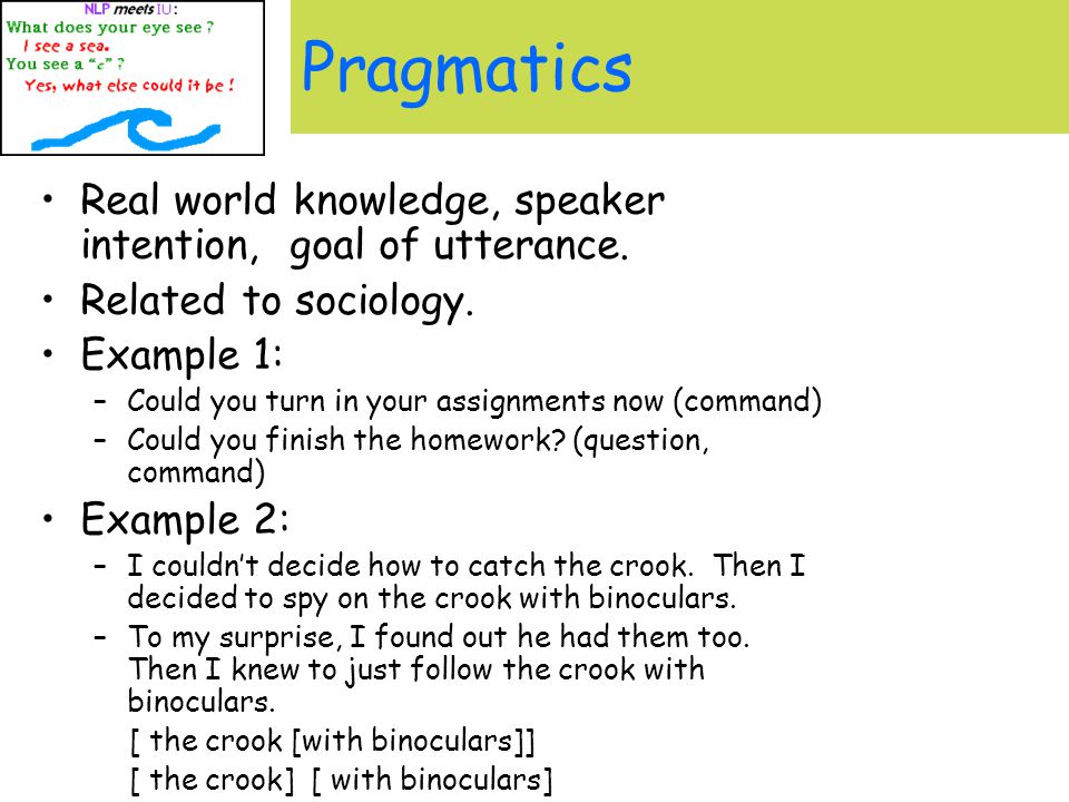 Pragmatics Real world knowledge, speaker intention, goal of utterance.