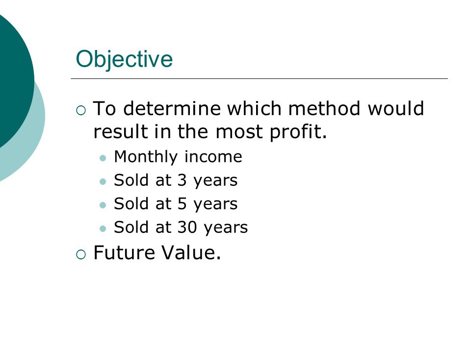 Objective  To determine which method would result in the most profit.