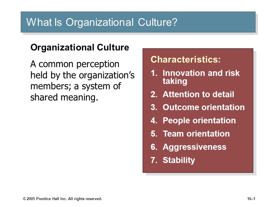 © 2005 Prentice Hall Inc. All rights reserved.16–1 What Is Organizational Culture.