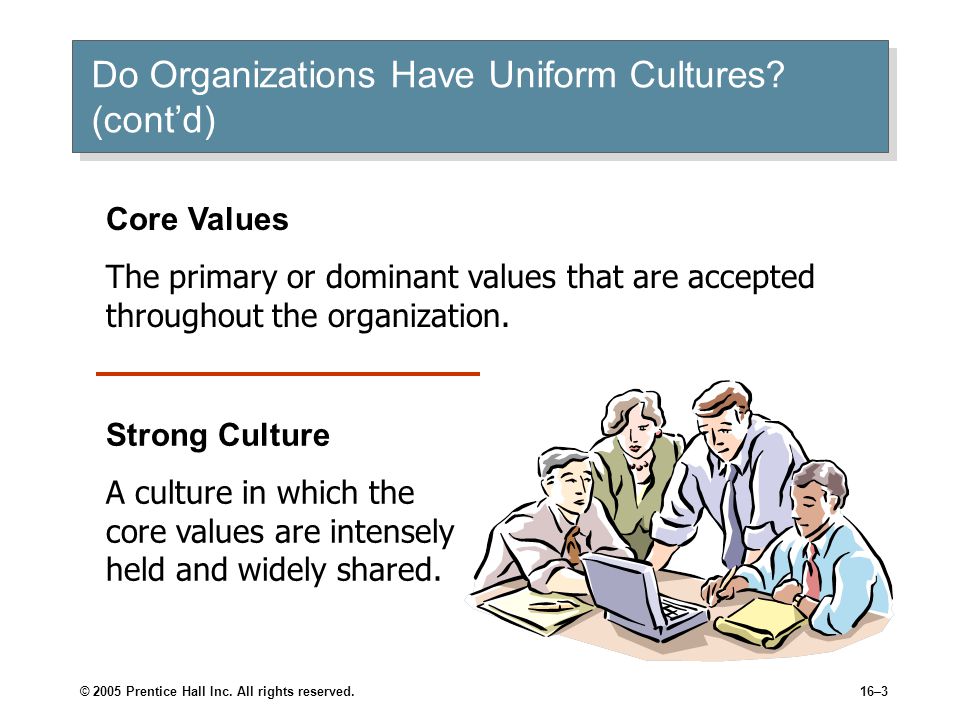 © 2005 Prentice Hall Inc. All rights reserved.16–3 Do Organizations Have Uniform Cultures.