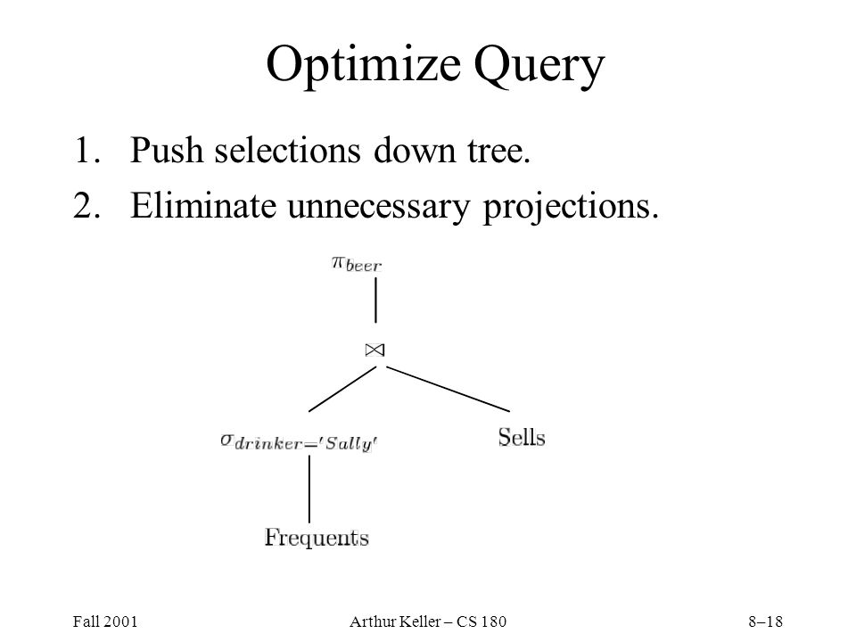 Fall 2001Arthur Keller – CS 1808–18 Optimize Query 1.Push selections down tree.