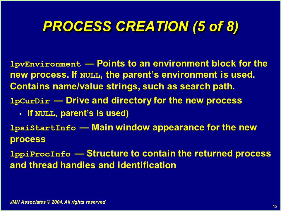 15 JMH Associates © 2004, All rights reserved PROCESS CREATION (5 of 8) lpvEnvironment — Points to an environment block for the new process.
