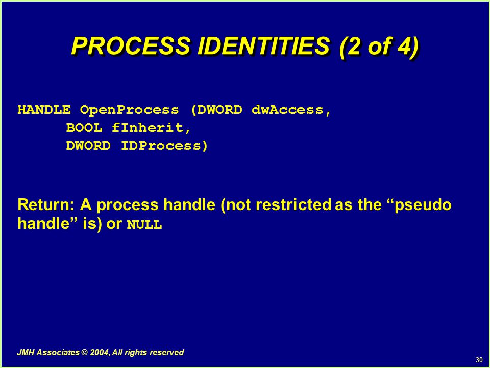 30 JMH Associates © 2004, All rights reserved PROCESS IDENTITIES (2 of 4) HANDLE OpenProcess (DWORD dwAccess, BOOL fInherit, DWORD IDProcess) Return: A process handle (not restricted as the pseudo handle is) or NULL