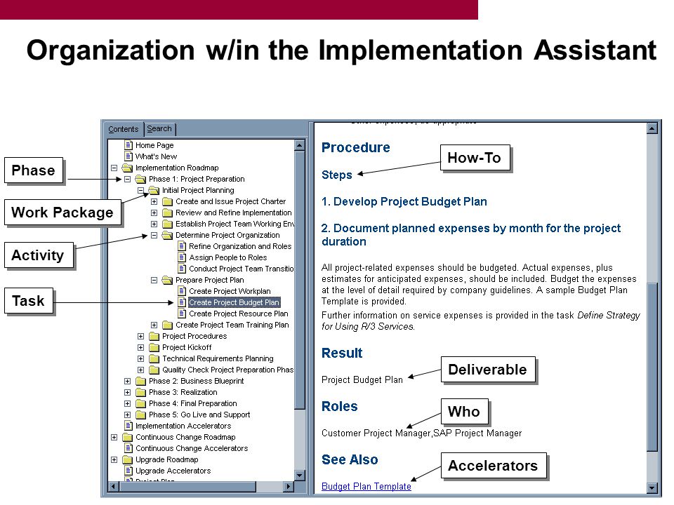 Organization w/in the Implementation Assistant Phase Work Package Activity How-To Accelerators Task Deliverable Who