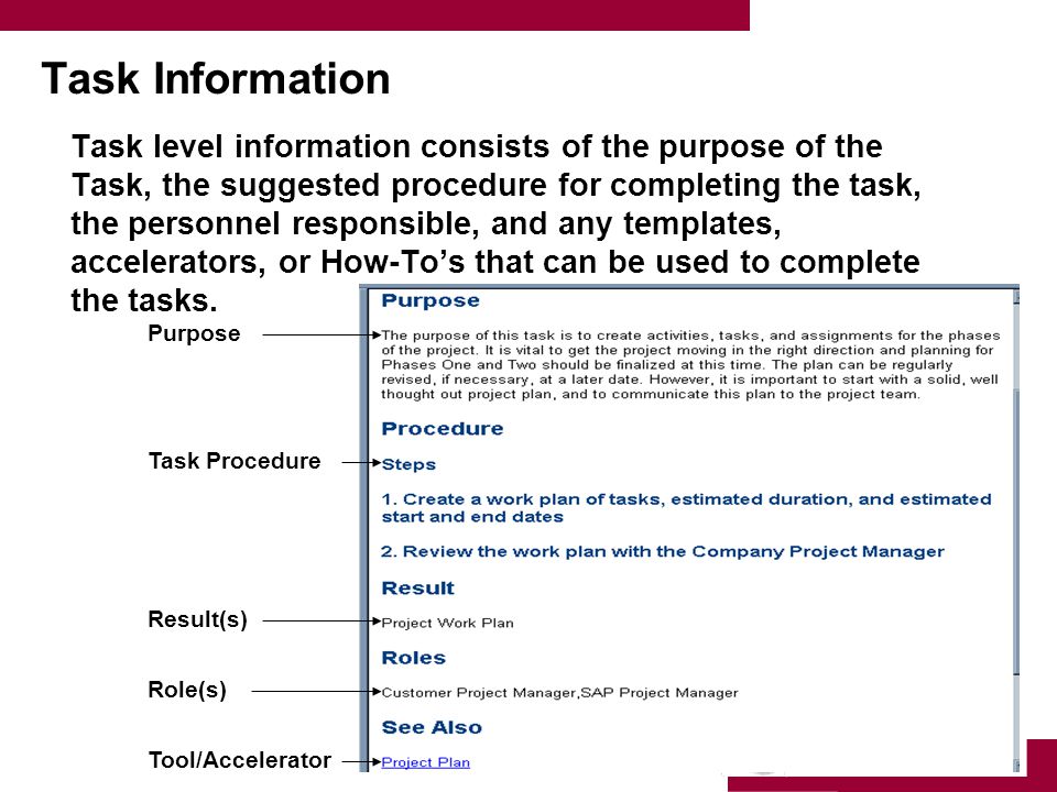 University of Southern California Task Information Task level information consists of the purpose of the Task, the suggested procedure for completing the task, the personnel responsible, and any templates, accelerators, or How-To’s that can be used to complete the tasks.
