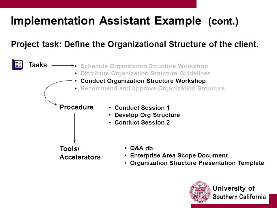 University of Southern California Implementation Assistant Example (cont.) Project task: Define the Organizational Structure of the client.